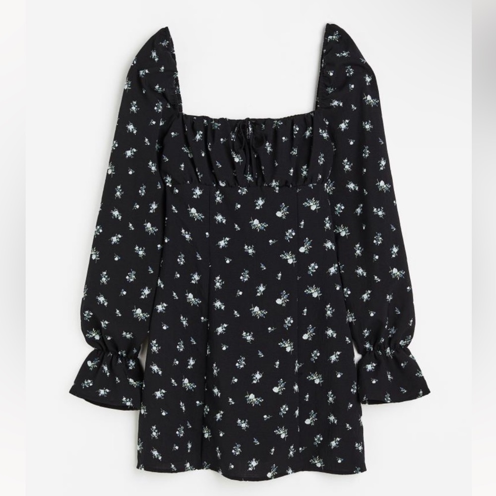 NWT H&M Puff-Sleeved Crêped Dress Black Floral Puff Sleeve Keyhole Size Medium
